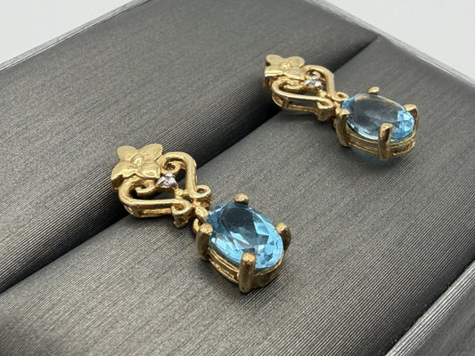 Vintage 10K Yellow Gold Blue Topaz & Diamond Dangle Earrings Oval Stone Earrings