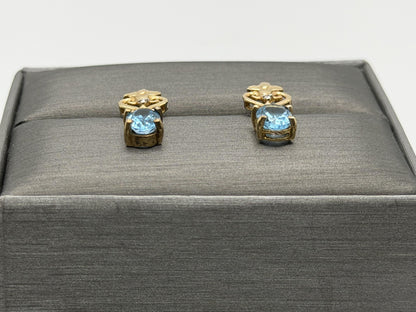 Vintage 10K Yellow Gold Blue Topaz & Diamond Dangle Earrings Oval Stone Earrings