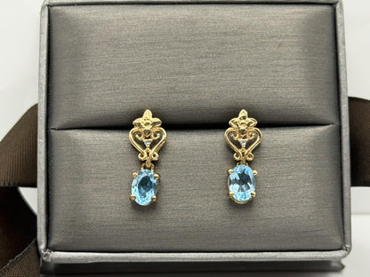 Vintage 10K Yellow Gold Blue Topaz & Diamond Dangle Earrings Oval Stone Earrings