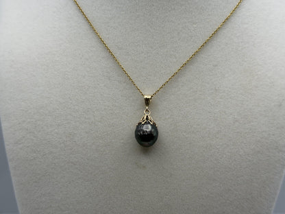 14K Gold Black Tahitian Pearl Necklace 9.8 mm Black Pearl Necklace Gold Chain