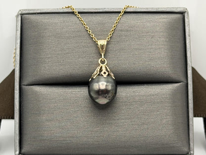 14K Gold Black Tahitian Pearl Necklace 9.8 mm Black Pearl Necklace Gold Chain