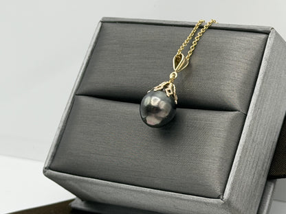14K Gold Black Tahitian Pearl Necklace 9.8 mm Black Pearl Necklace Gold Chain
