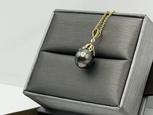 14K Gold Black Tahitian Pearl Necklace 9.8 mm Black Pearl Necklace Gold Chain