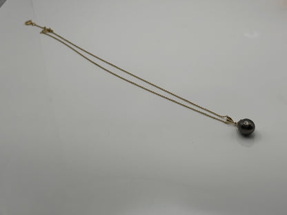 14K Gold Black Tahitian Pearl Necklace 9.8 mm Black Pearl Necklace Gold Chain