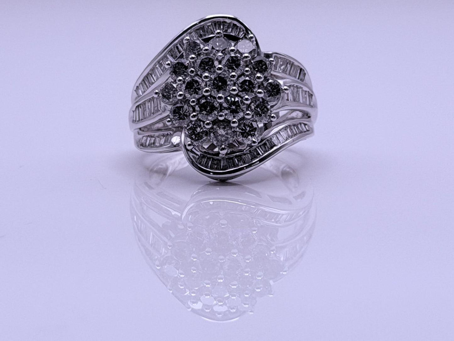 Vintage 10K White Gold Natural Diamond Cluster Ring. Engagement Ring.