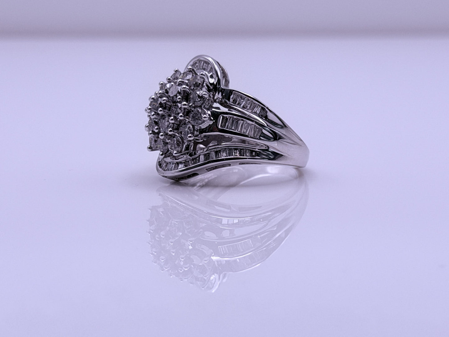 Vintage 10K White Gold Natural Diamond Cluster Ring. Engagement Ring.