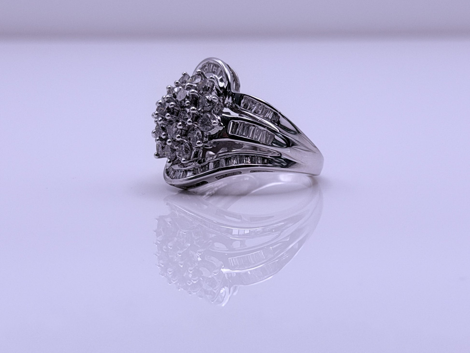 Vintage 10K White Gold Natural Diamond Cluster Ring. Engagement Ring.