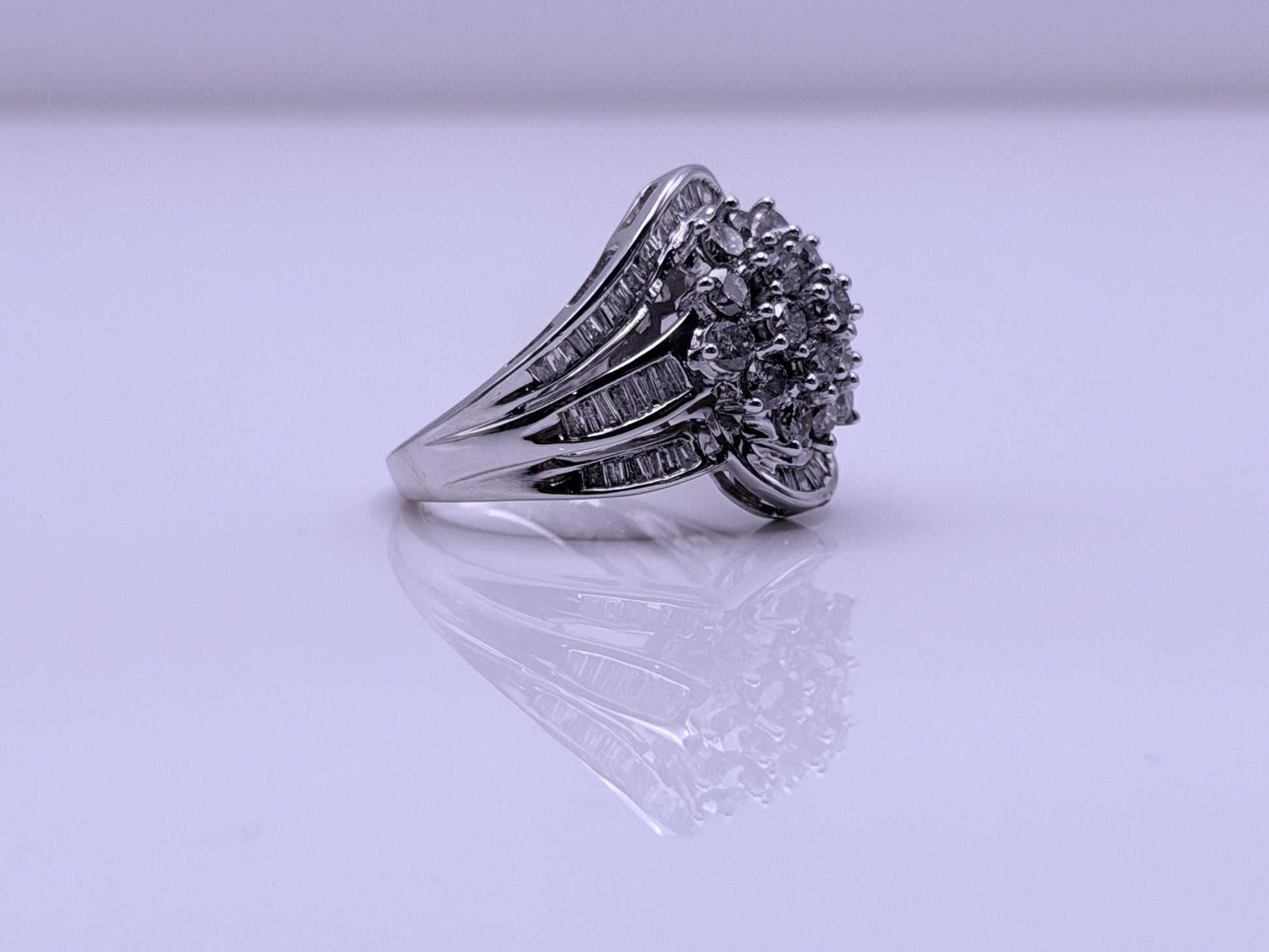 Vintage 10K White Gold Natural Diamond Cluster Ring. Engagement Ring.