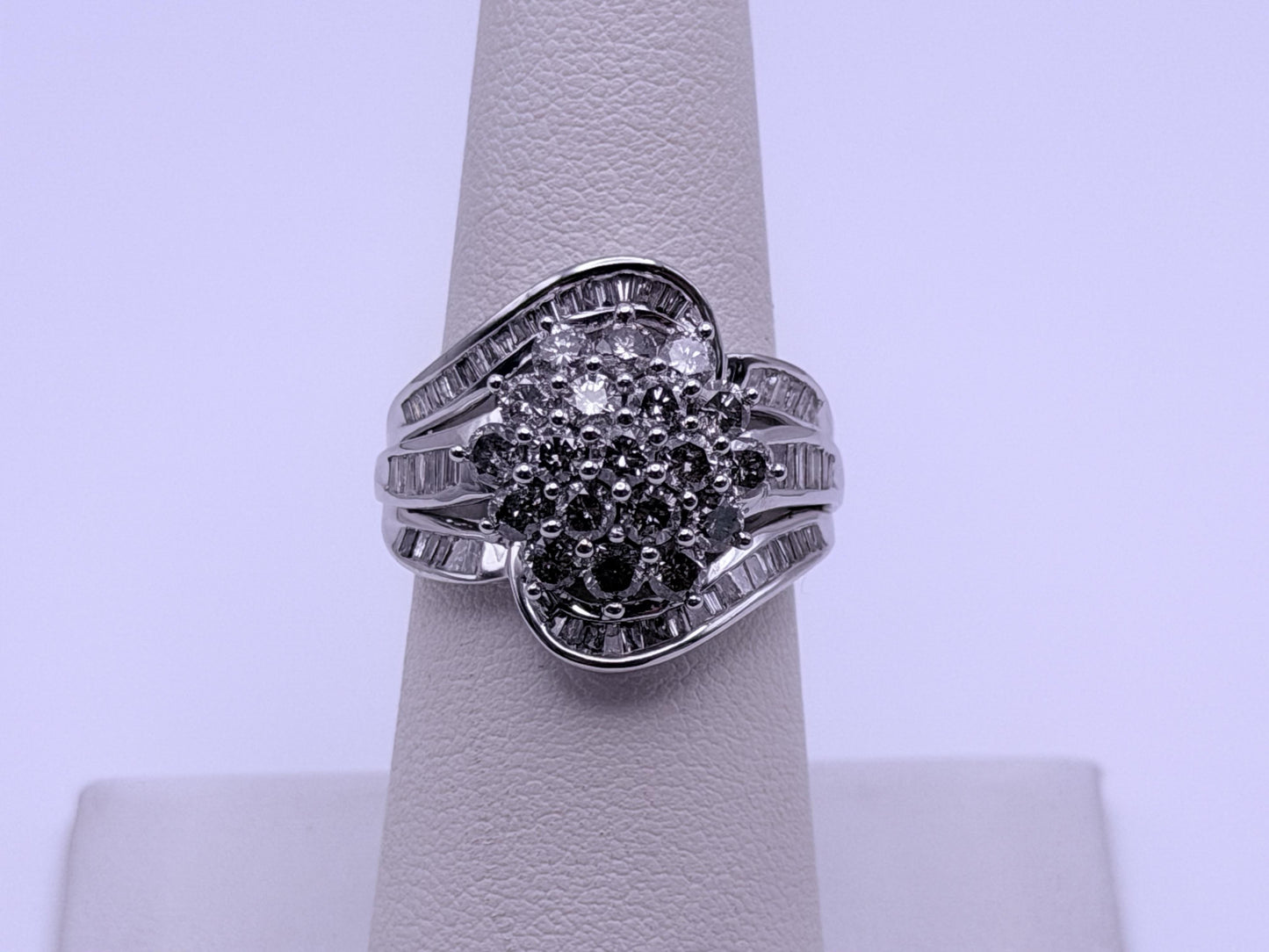 Vintage 10K White Gold Natural Diamond Cluster Ring. Engagement Ring.