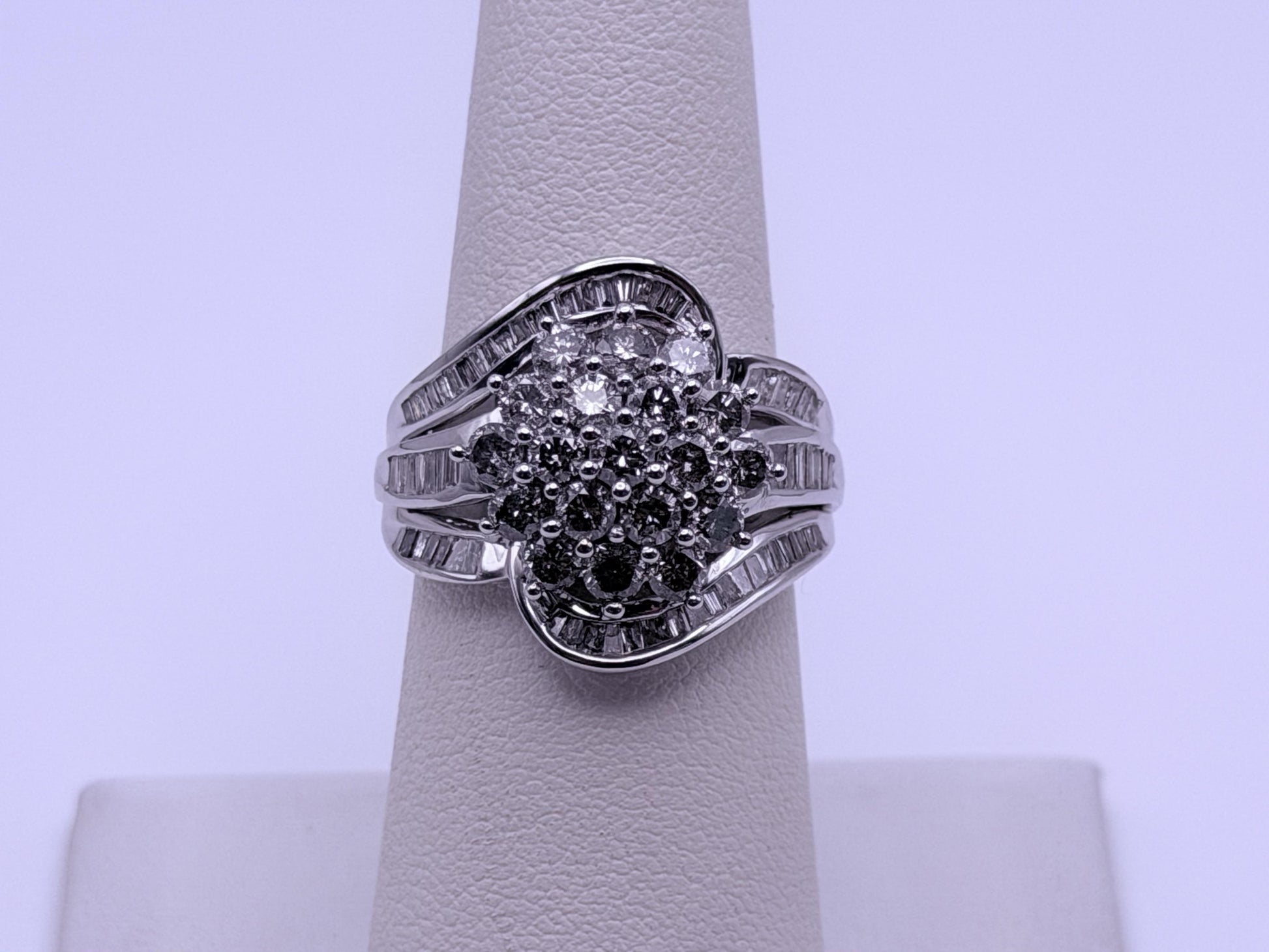 Vintage 10K White Gold Natural Diamond Cluster Ring. Engagement Ring.