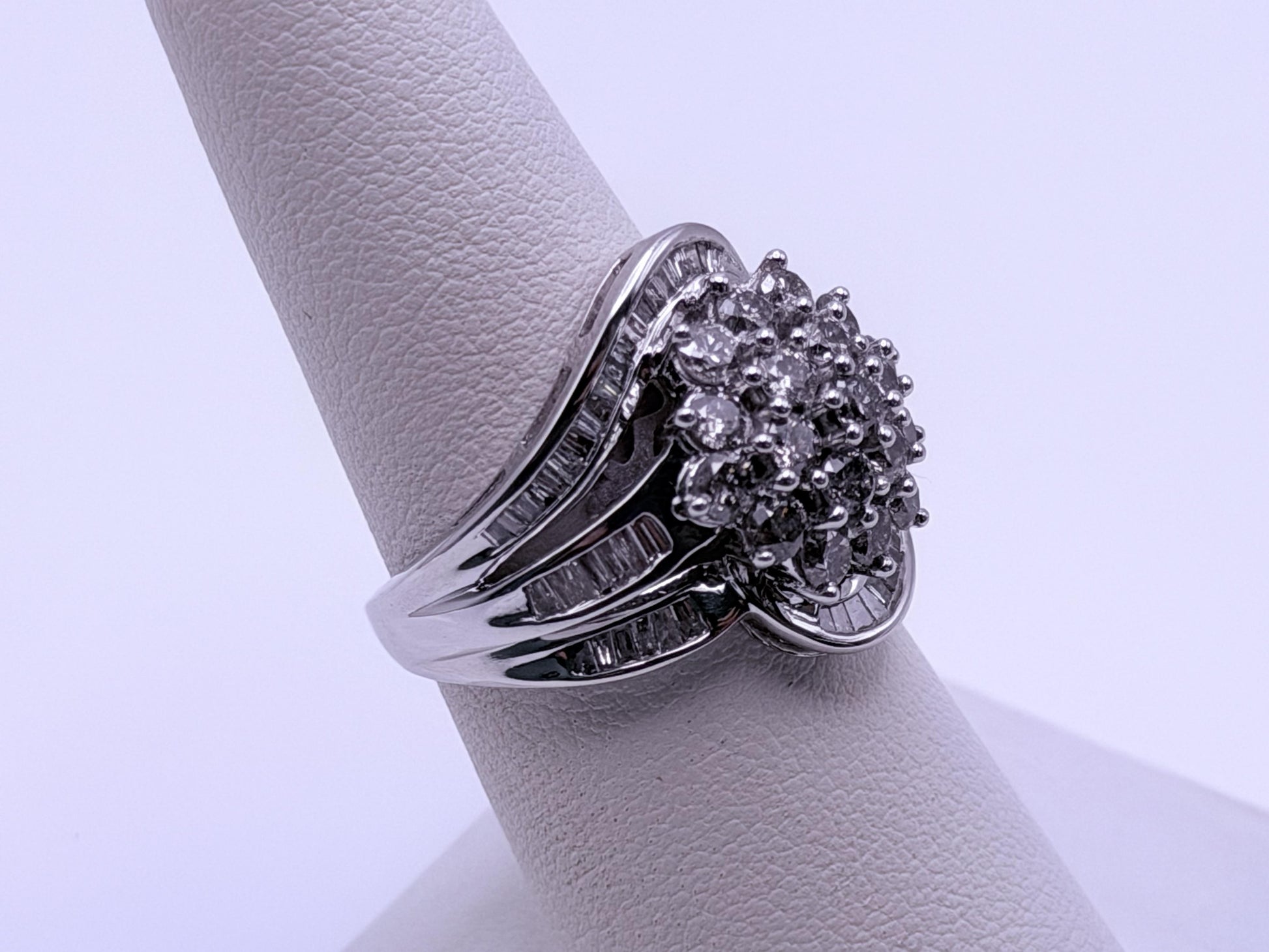 Vintage 10K White Gold Natural Diamond Cluster Ring. Engagement Ring.