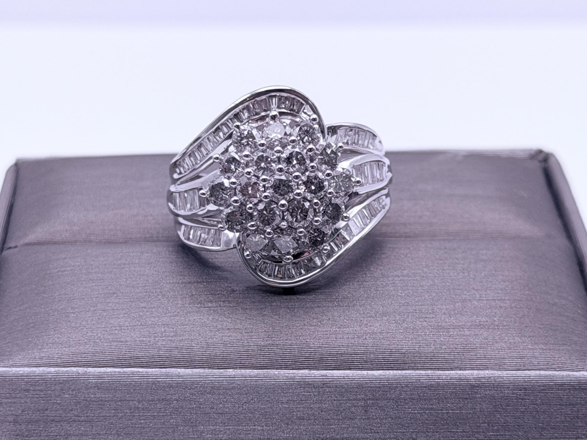 Vintage 10K White Gold Natural Diamond Cluster Ring. Engagement Ring.