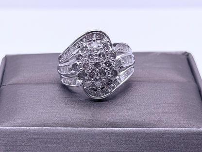 Vintage 10K White Gold Natural Diamond Cluster Ring. Engagement Ring.