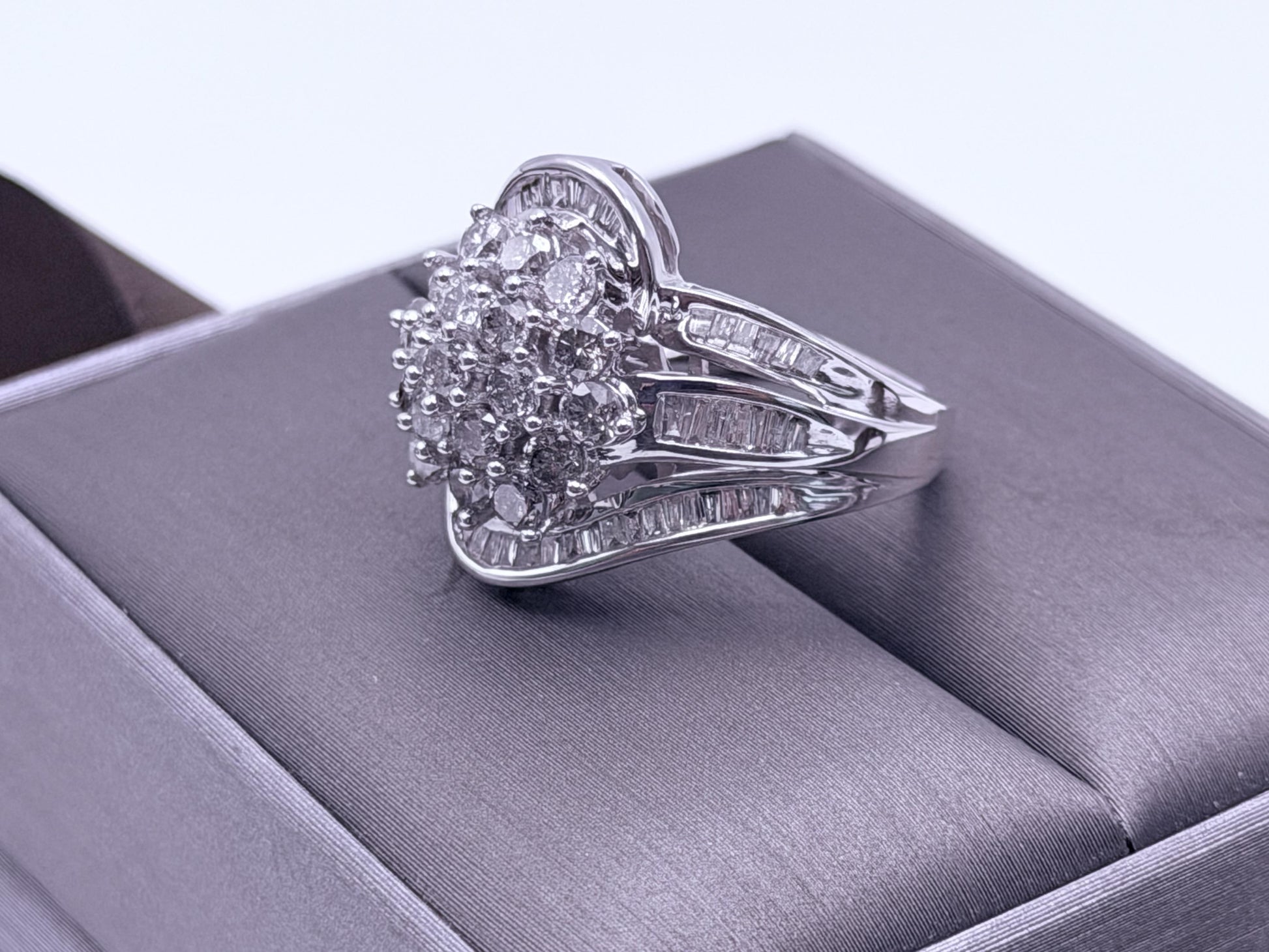 Vintage 10K White Gold Natural Diamond Cluster Ring. Engagement Ring.