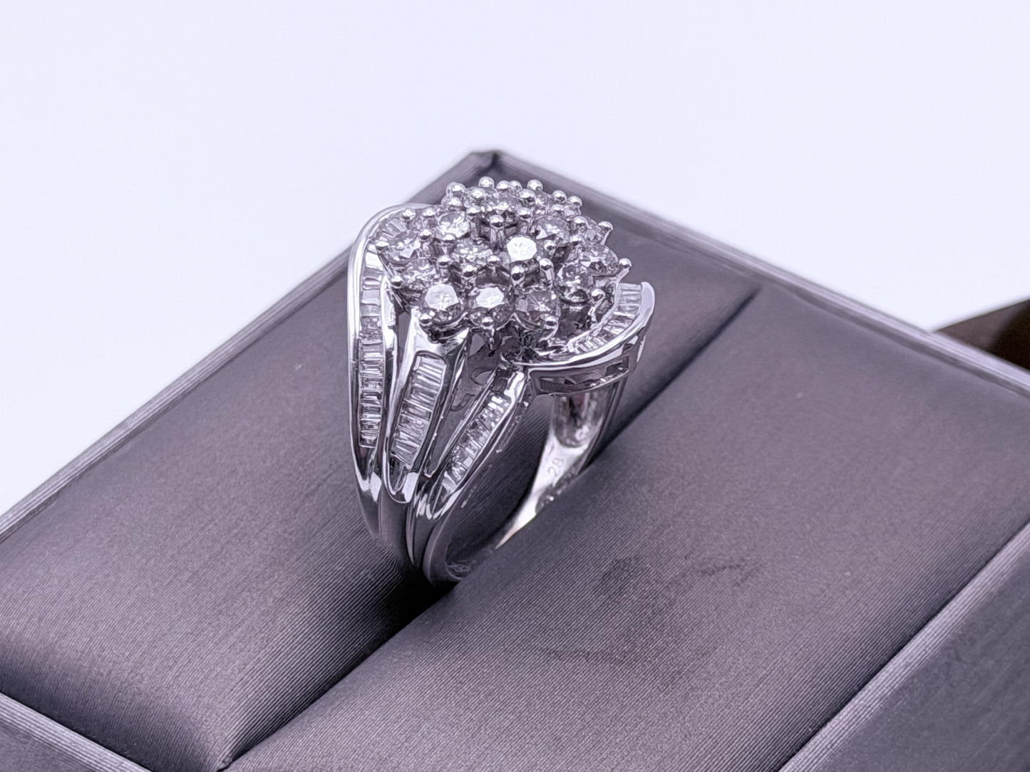 Vintage 10K White Gold Natural Diamond Cluster Ring. Engagement Ring.