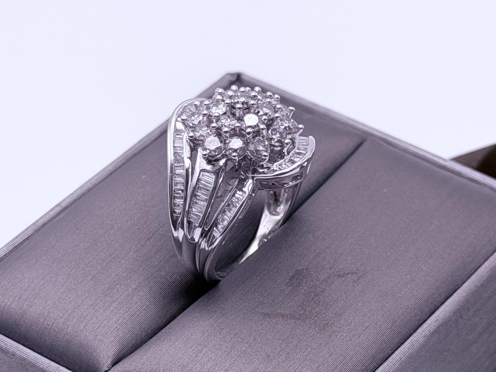 Vintage 10K White Gold Natural Diamond Cluster Ring. Engagement Ring.