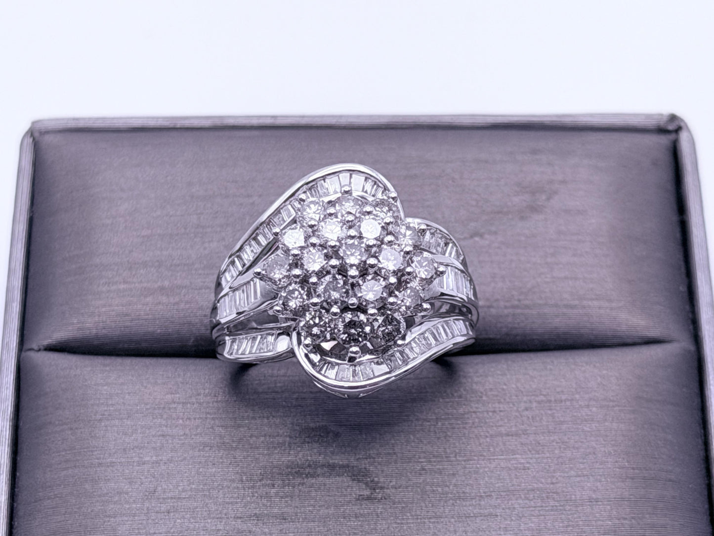 Vintage 10K White Gold Natural Diamond Cluster Ring. Engagement Ring.