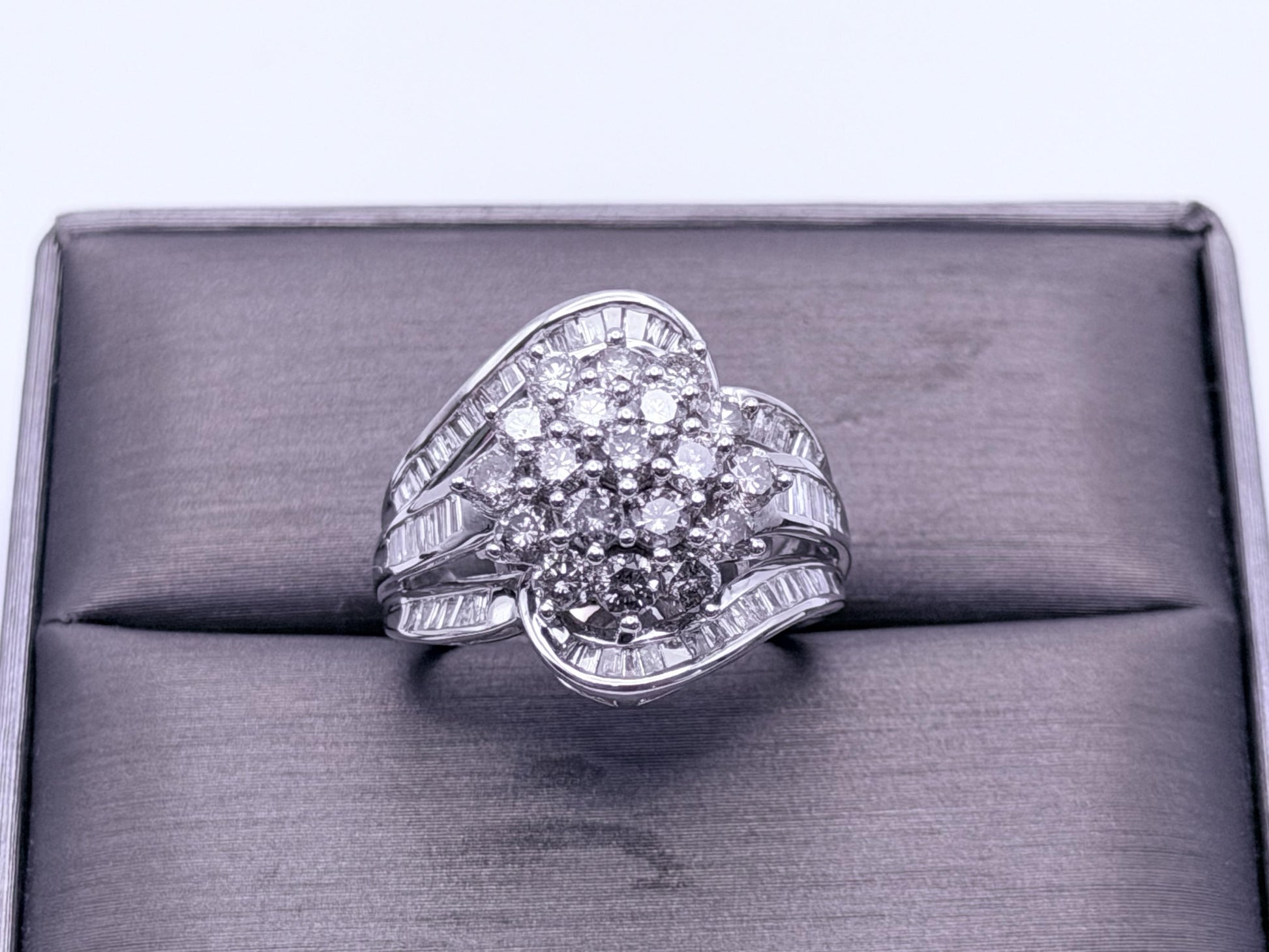 Vintage 10K White Gold Natural Diamond Cluster Ring. Engagement Ring.
