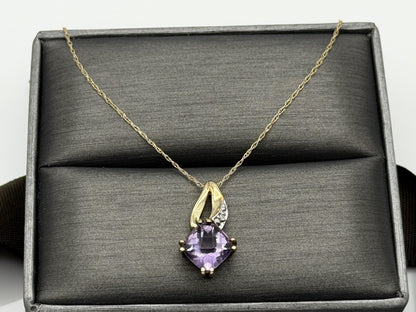 10k Yellow Gold Amethyst Diamond Pendant Necklace 18" Chain