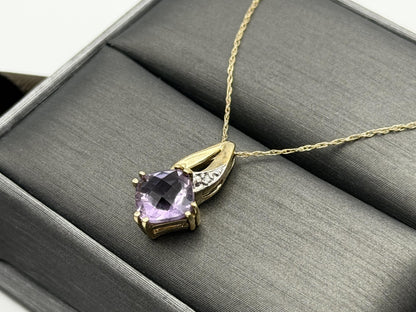 10k Yellow Gold Amethyst Diamond Pendant Necklace 18" Chain