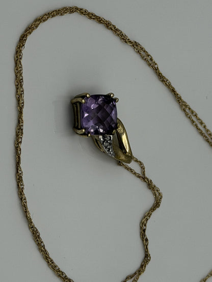 10k Yellow Gold Amethyst Diamond Pendant Necklace 18" Chain