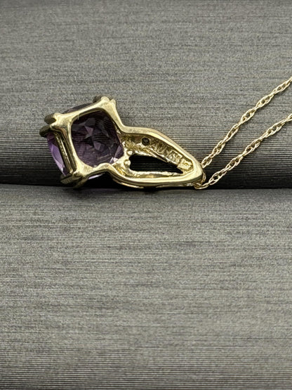 10k Yellow Gold Amethyst Diamond Pendant Necklace 18" Chain