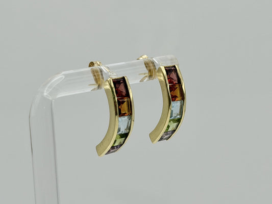 14k Gold Multi-Gem Half Hoop Huggies