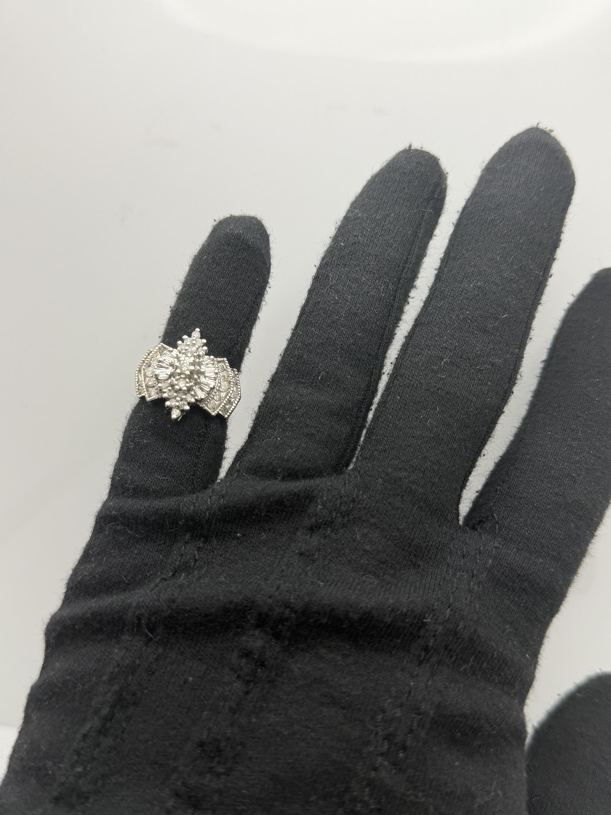 14k White Gold Diamond 1.25 CTW Cluster Ring Vintage Cocktail Ring.