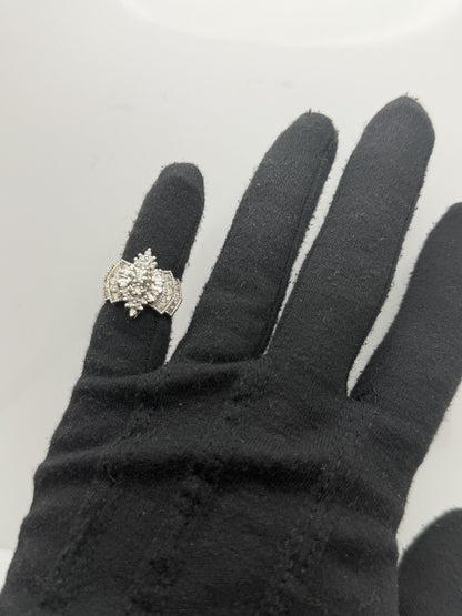 14k White Gold Diamond 1.25 CTW Cluster Ring Vintage Cocktail Ring.