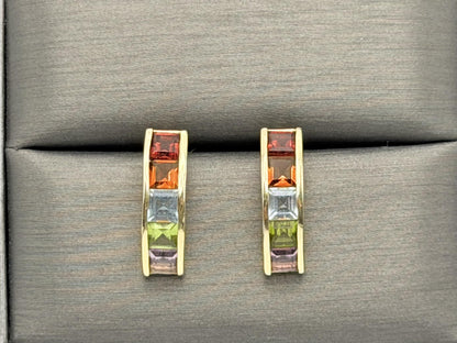 14k Gold Multi-Gem Half Hoop Huggies