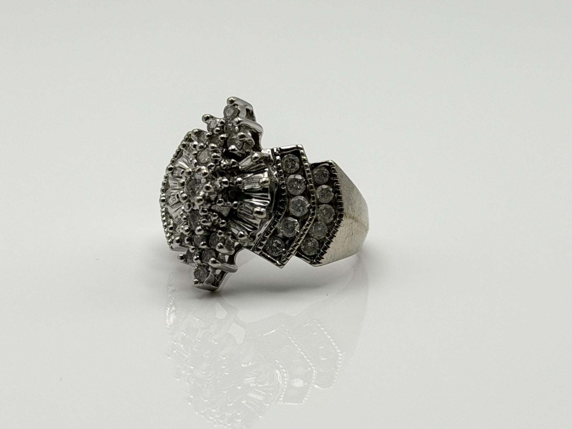 14k White Gold Diamond 1.25 CTW Cluster Ring Vintage Cocktail Ring.