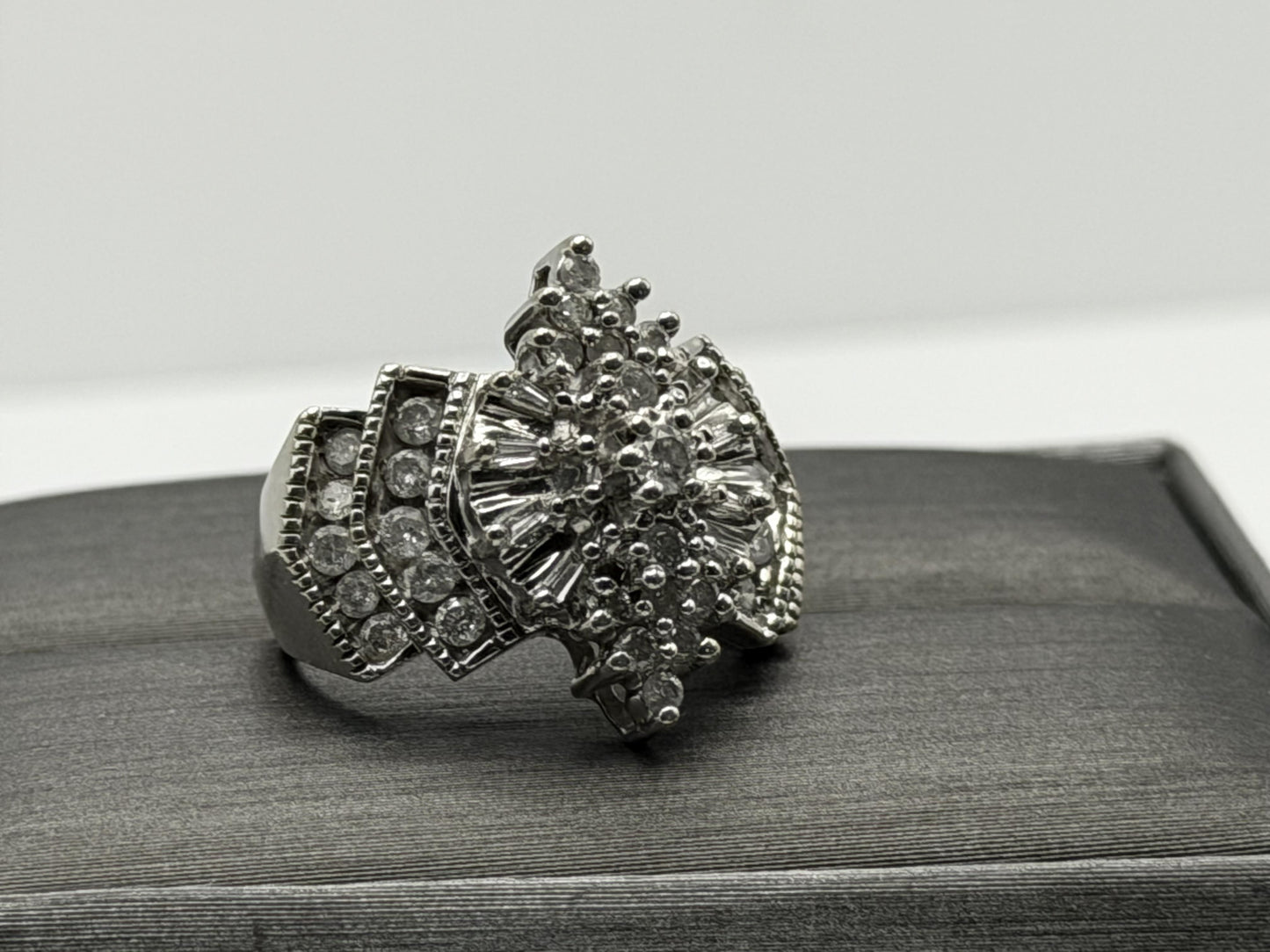 14k White Gold Diamond 1.25 CTW Cluster Ring Vintage Cocktail Ring.