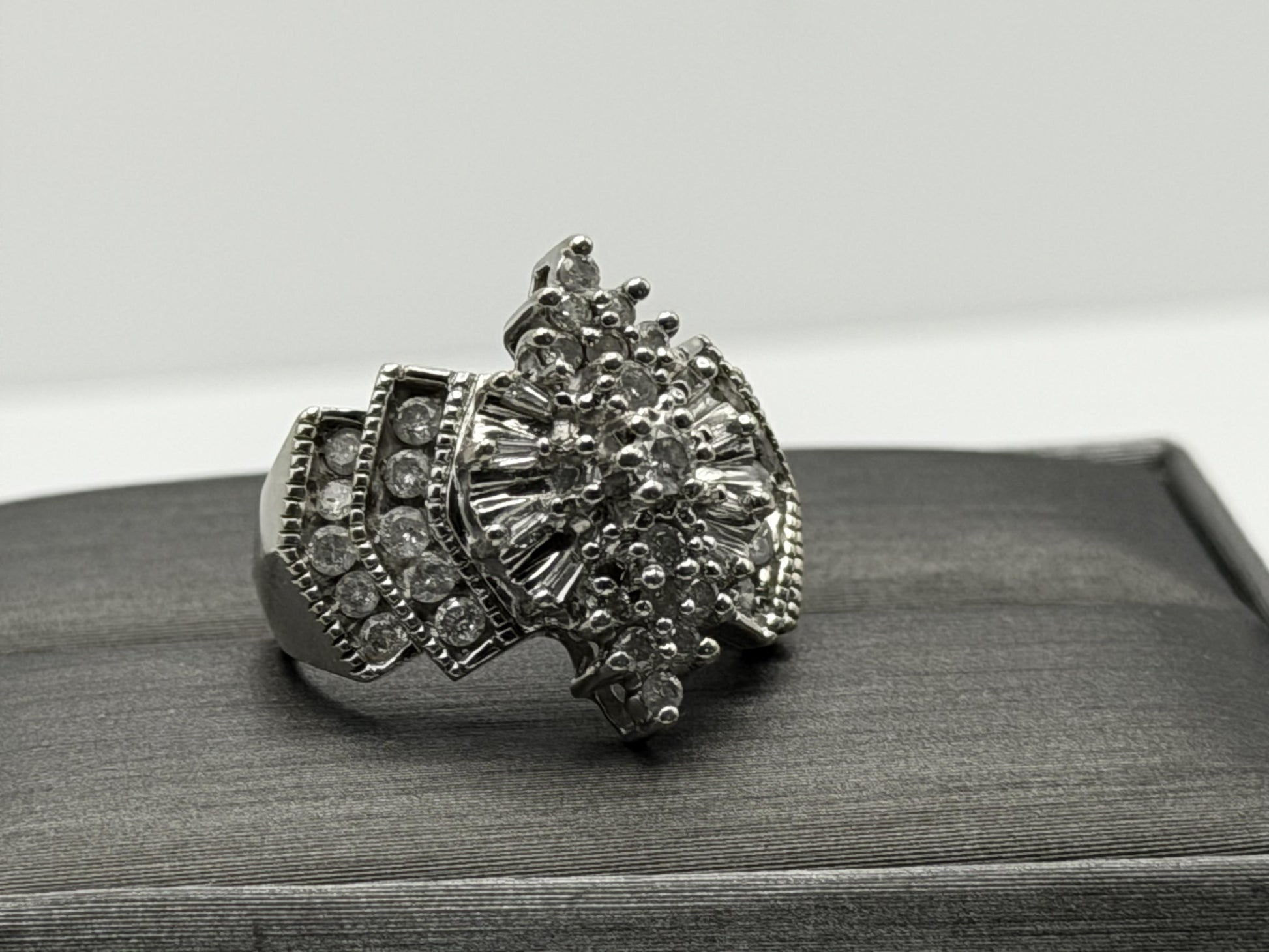 14k White Gold Diamond 1.25 CTW Cluster Ring Vintage Cocktail Ring.