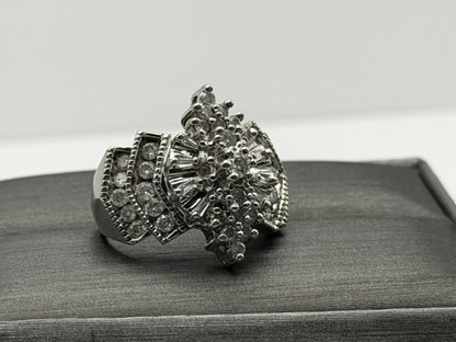 14k White Gold Diamond 1.25 CTW Cluster Ring Vintage Cocktail Ring.