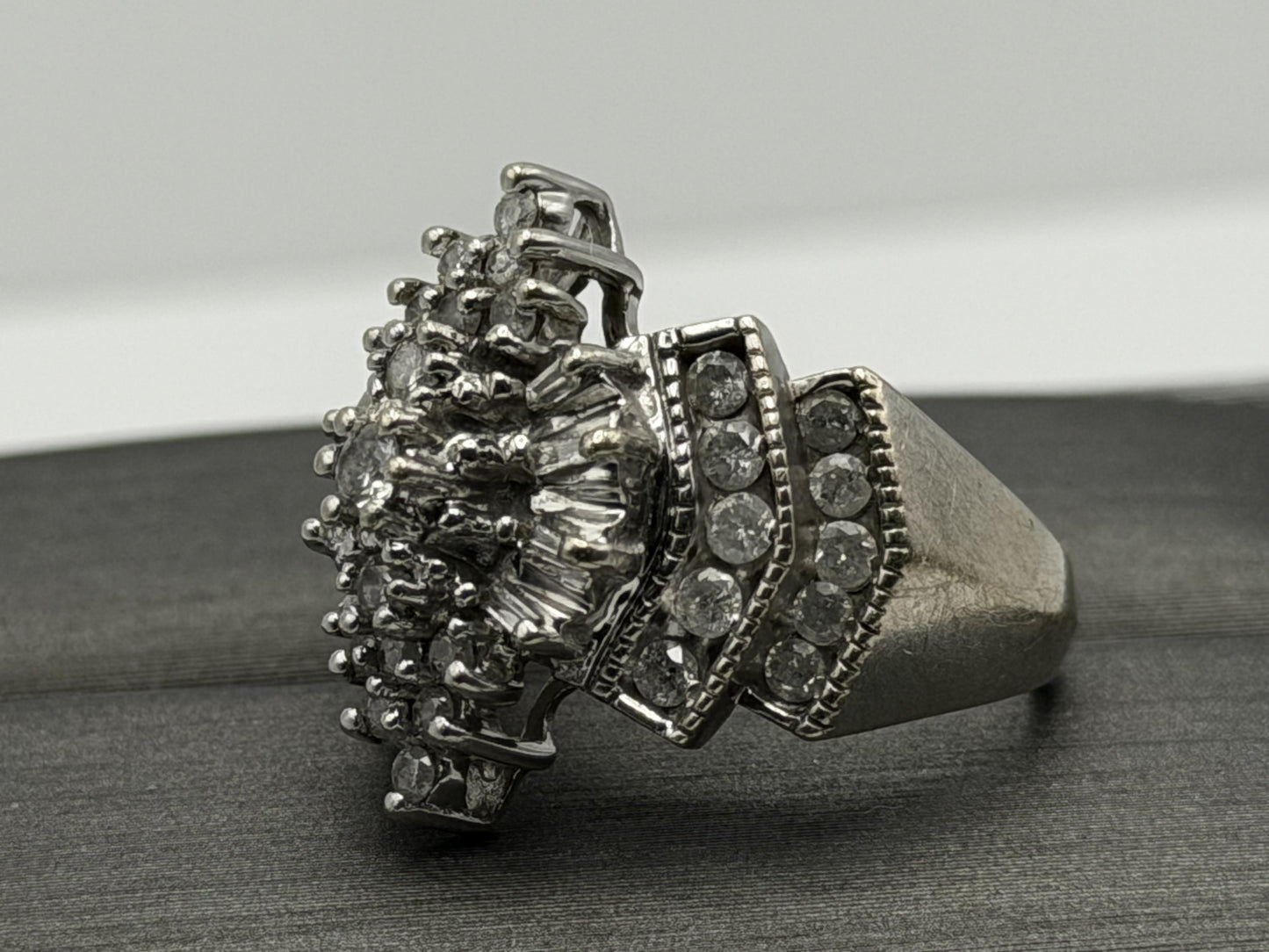 14k White Gold Diamond 1.25 CTW Cluster Ring Vintage Cocktail Ring.