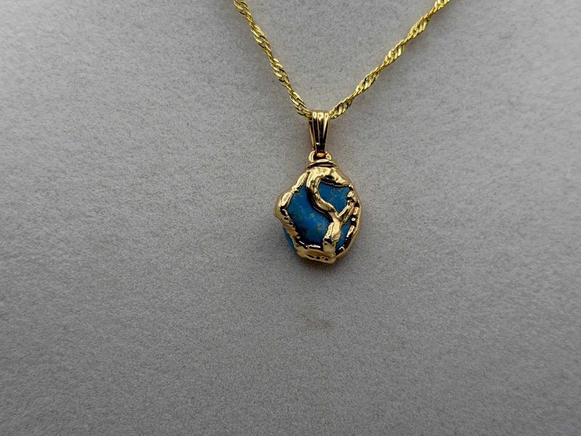 Gold Plated Turquoise Pendant Organic Style with 18K Gold Filled Chain 18”