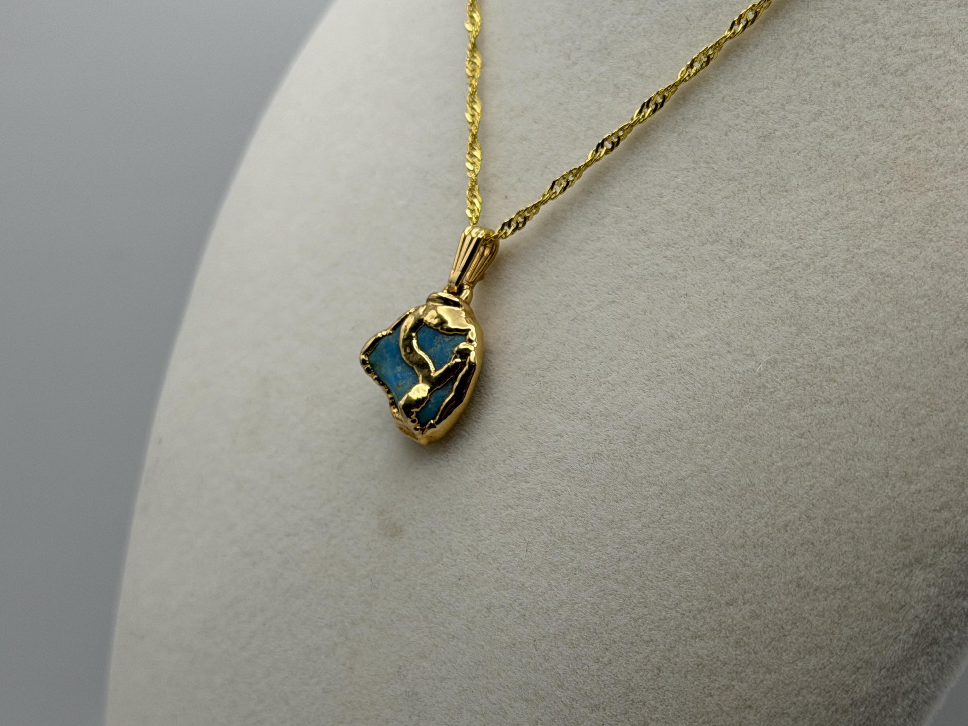 Gold Plated Turquoise Pendant Organic Style with 18K Gold Filled Chain 18”