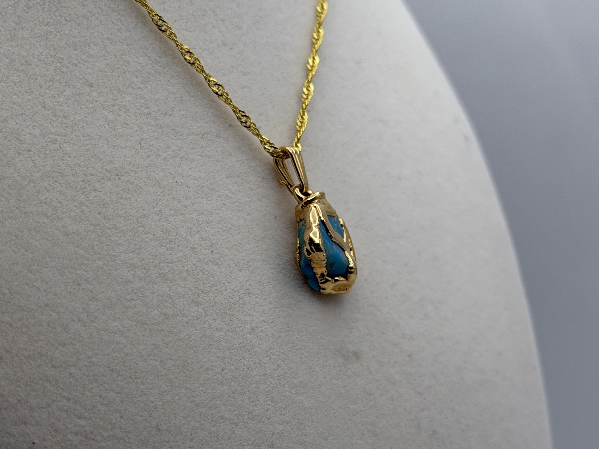 Gold Plated Turquoise Pendant Organic Style with 18K Gold Filled Chain 18”