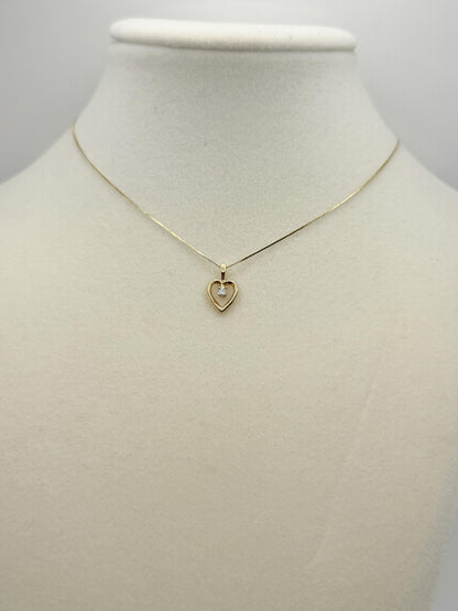 14k Yellow Gold Diamond Heart Necklace Box Chain 16"