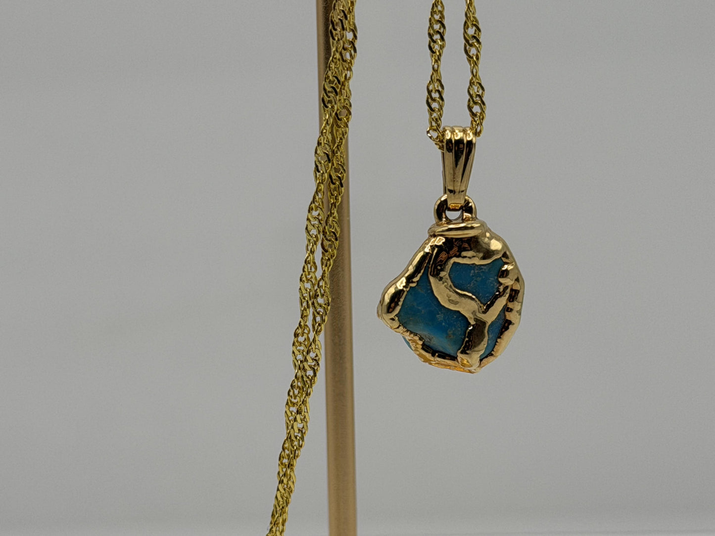 Gold Plated Turquoise Pendant Organic Style with 18K Gold Filled Chain 18”