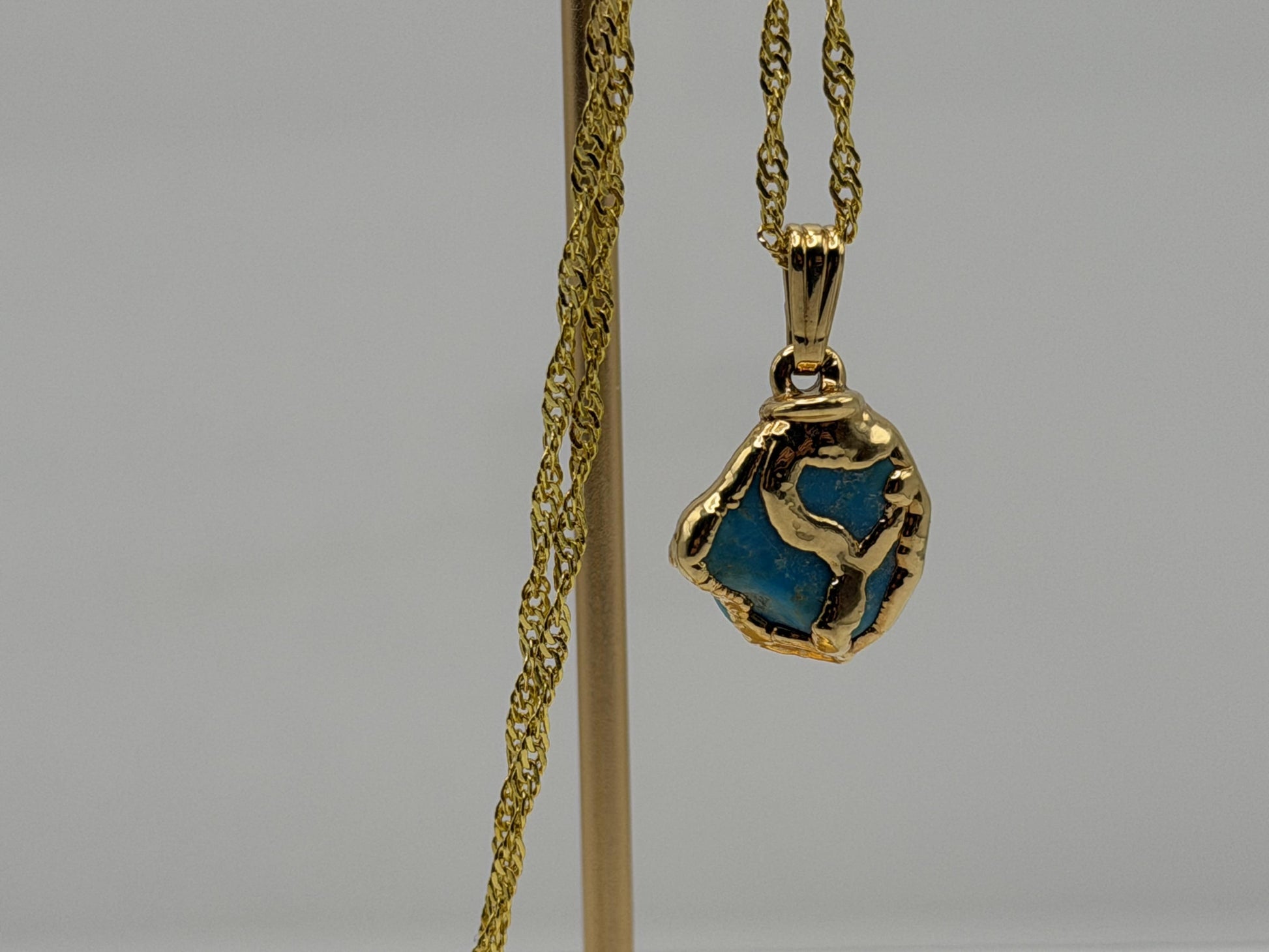 Gold Plated Turquoise Pendant Organic Style with 18K Gold Filled Chain 18”