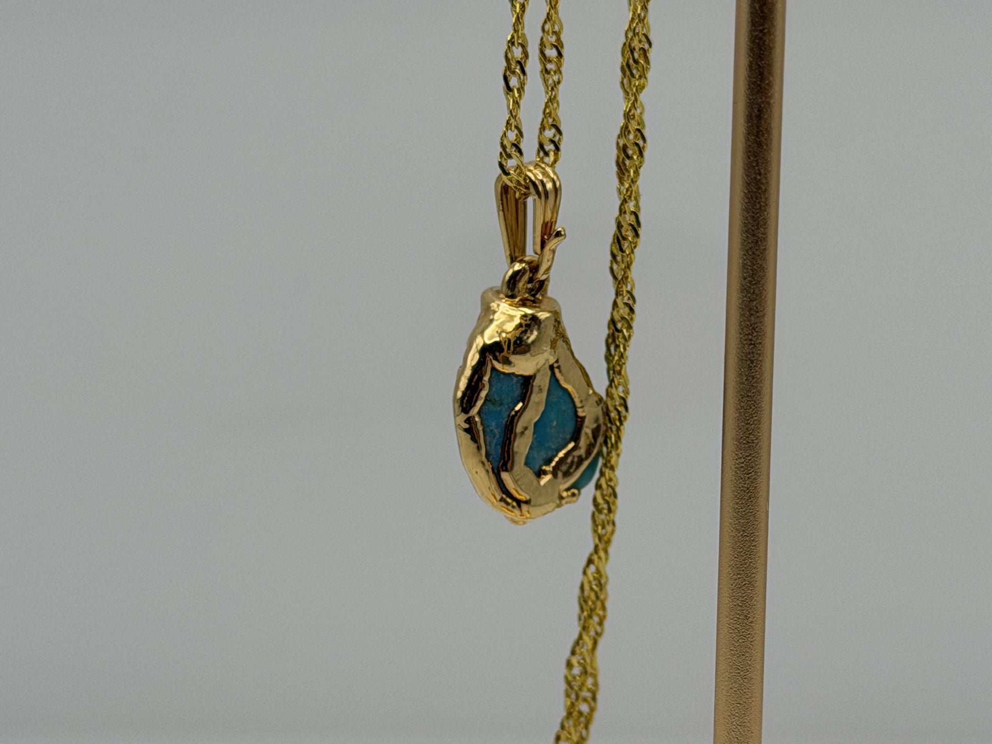 Gold Plated Turquoise Pendant Organic Style with 18K Gold Filled Chain 18”