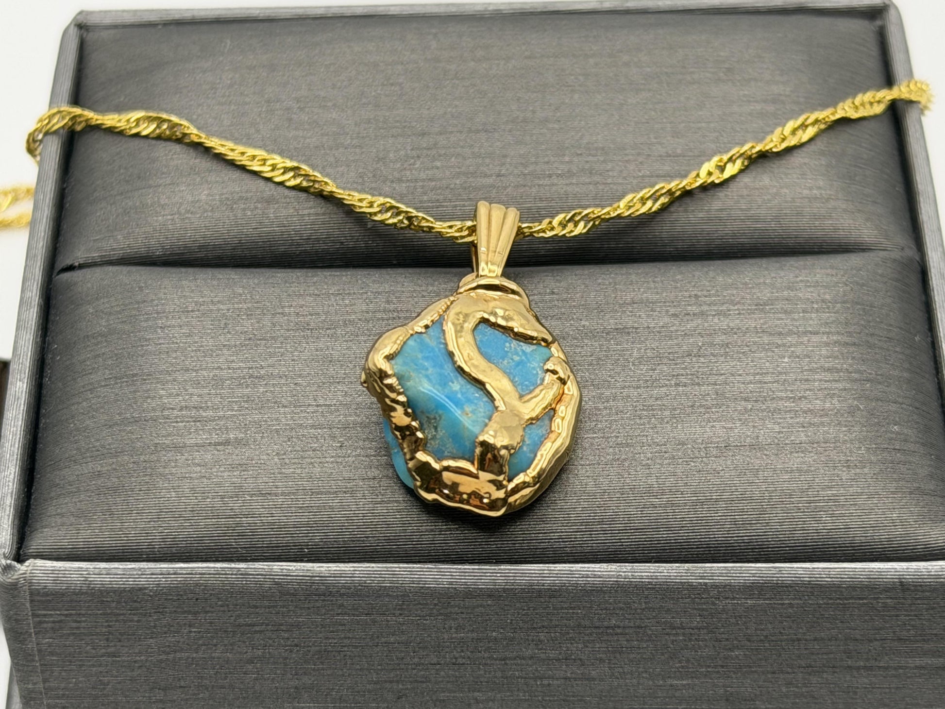 Gold Plated Turquoise Pendant Organic Style with 18K Gold Filled Chain 18”