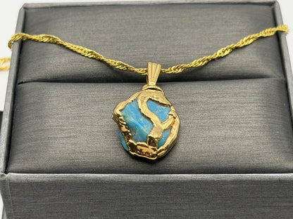 Gold Plated Turquoise Pendant Organic Style with 18K Gold Filled Chain 18”