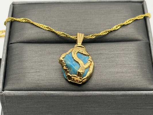 Gold Plated Turquoise Pendant Organic Style with 18K Gold Filled Chain 18”