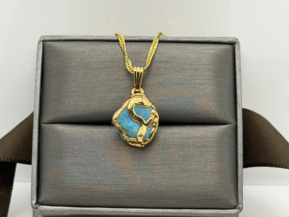 Gold Plated Turquoise Pendant Organic Style with 18K Gold Filled Chain 18”