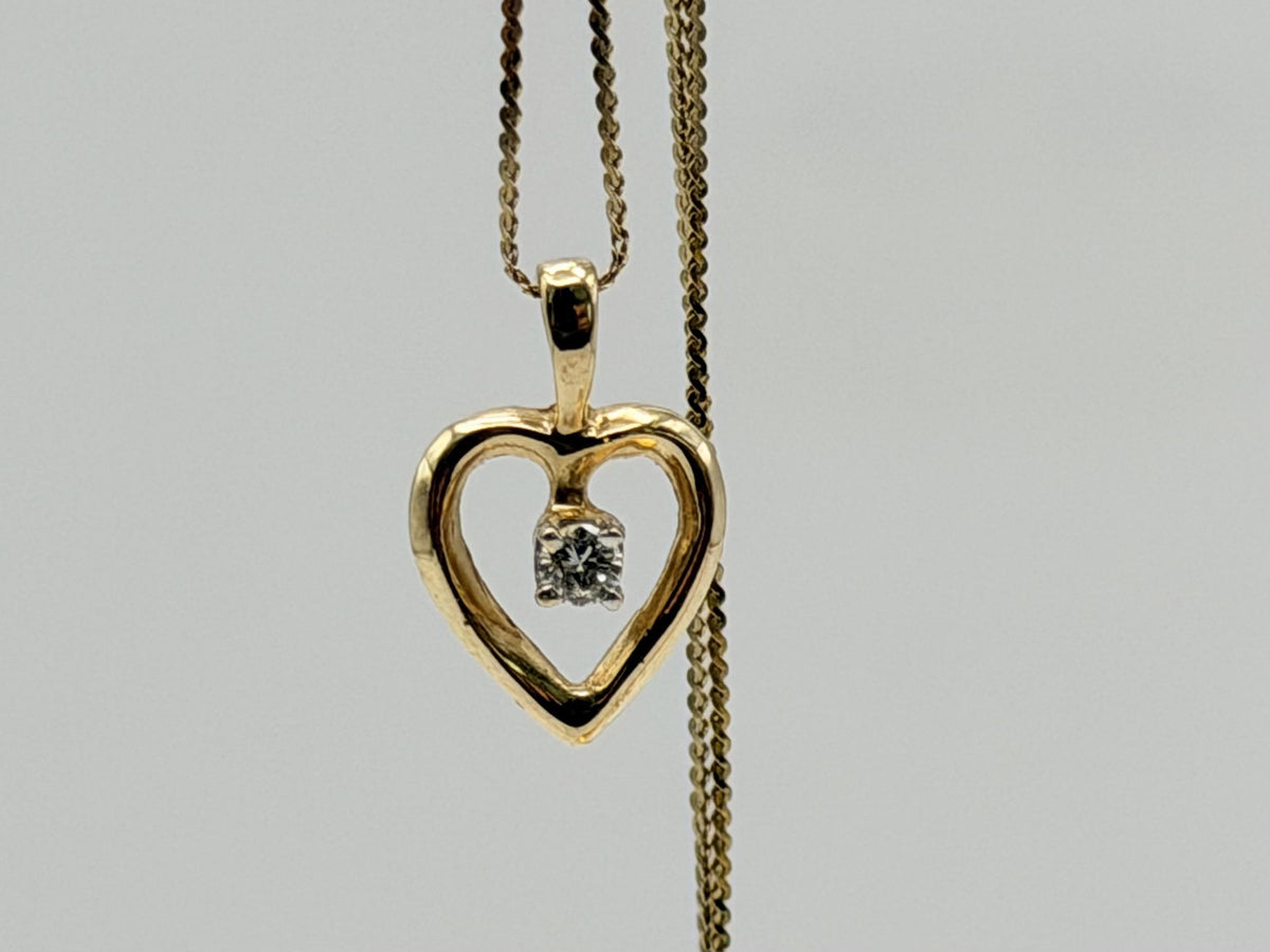 14k Yellow Gold Diamond Heart Necklace Box Chain 16"
