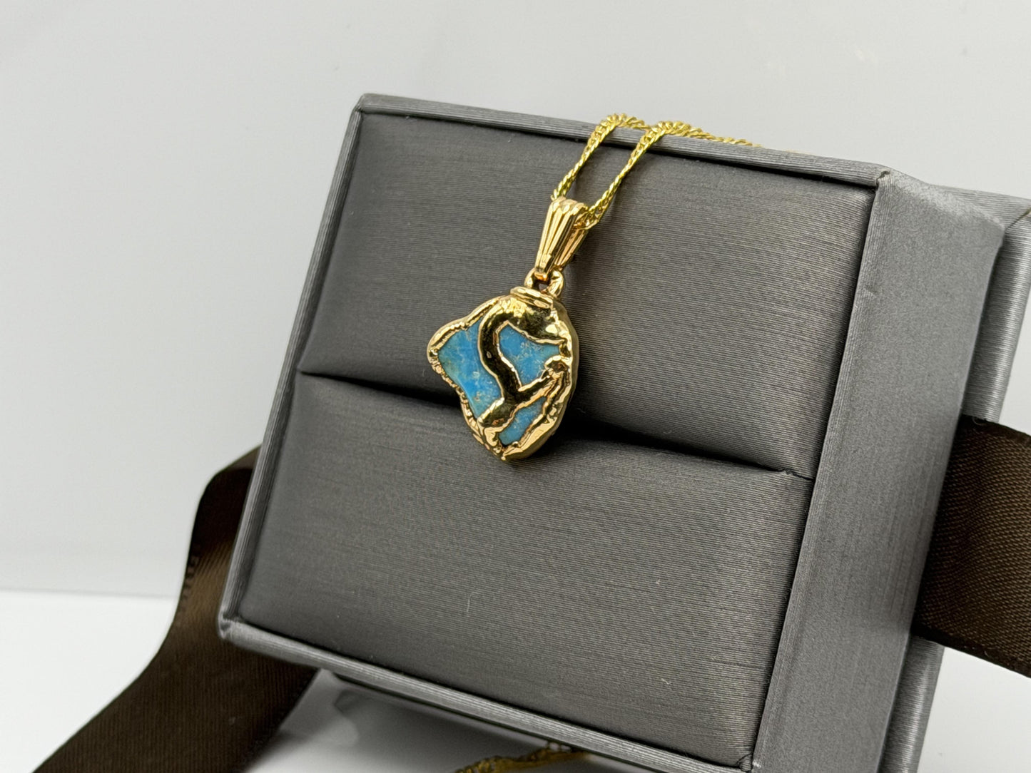 Gold Plated Turquoise Pendant Organic Style with 18K Gold Filled Chain 18”