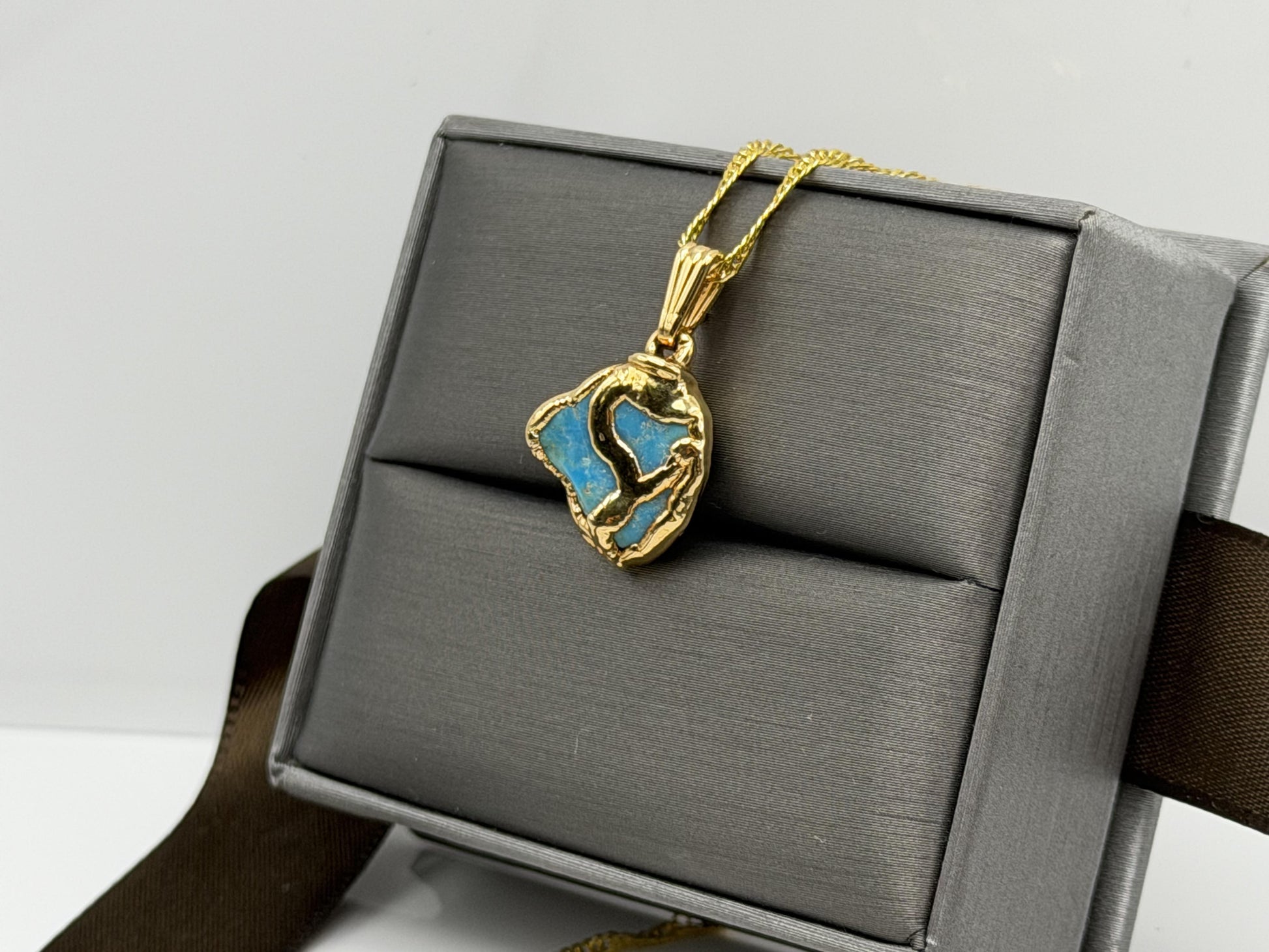 Gold Plated Turquoise Pendant Organic Style with 18K Gold Filled Chain 18”