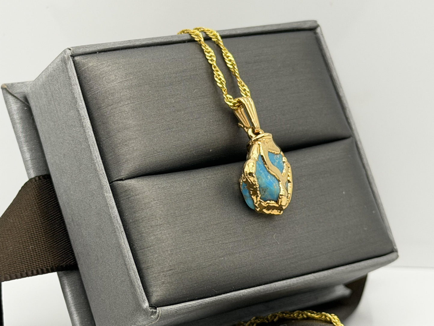 Gold Plated Turquoise Pendant Organic Style with 18K Gold Filled Chain 18”